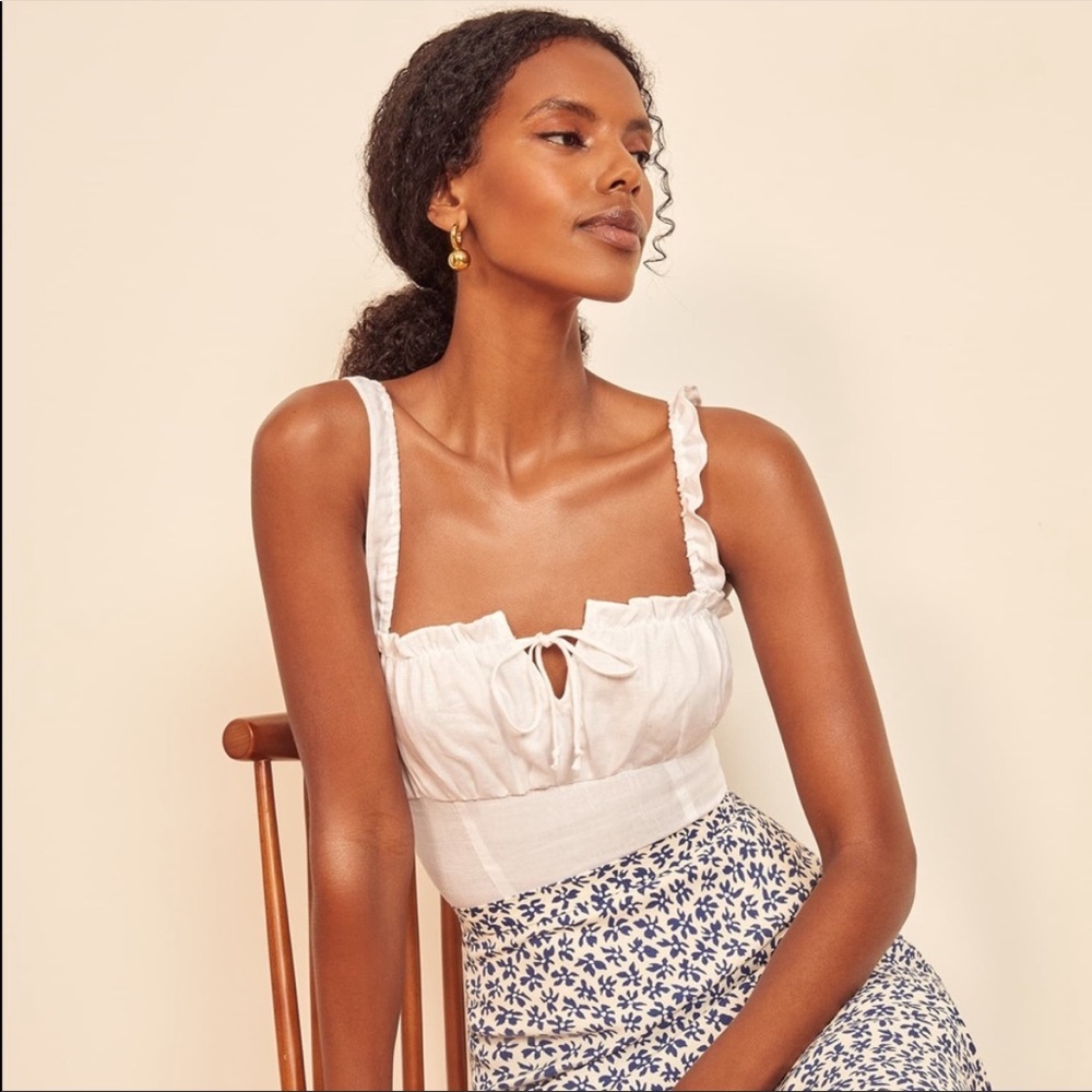 Reformation NWOT 2 Soren White Linen Blouse Smocking Ruffle Straps